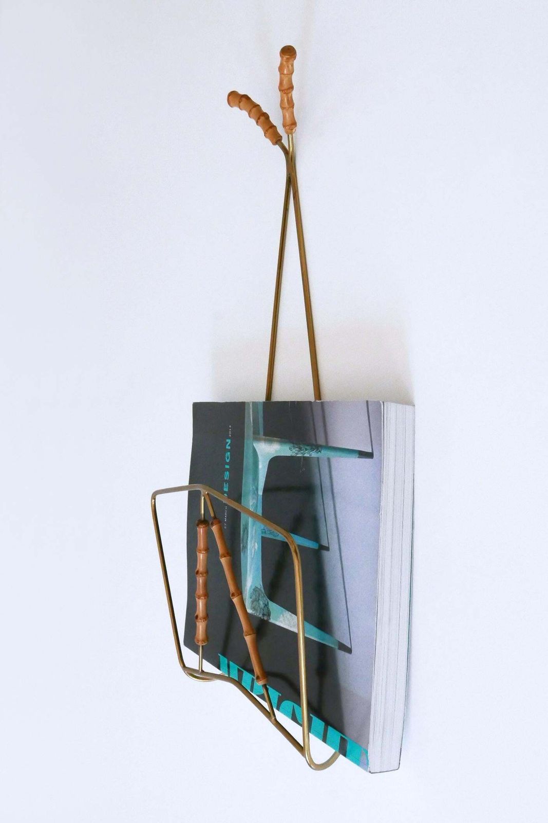 Lovely Mid Century Wall Mounted Brass & Bamboo Magazine Rack Germany 1960s photo Home Decor