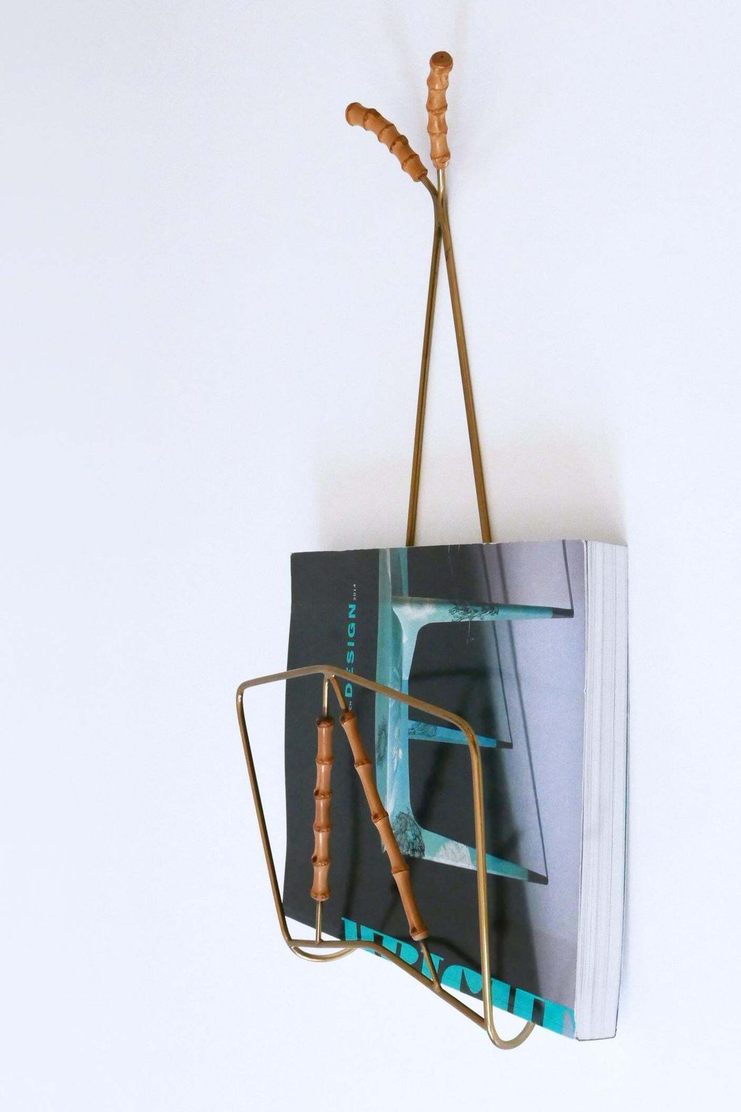 Lovely Mid Century Wall Mounted Brass & Bamboo Magazine Rack Germany 1960s photo 780.0