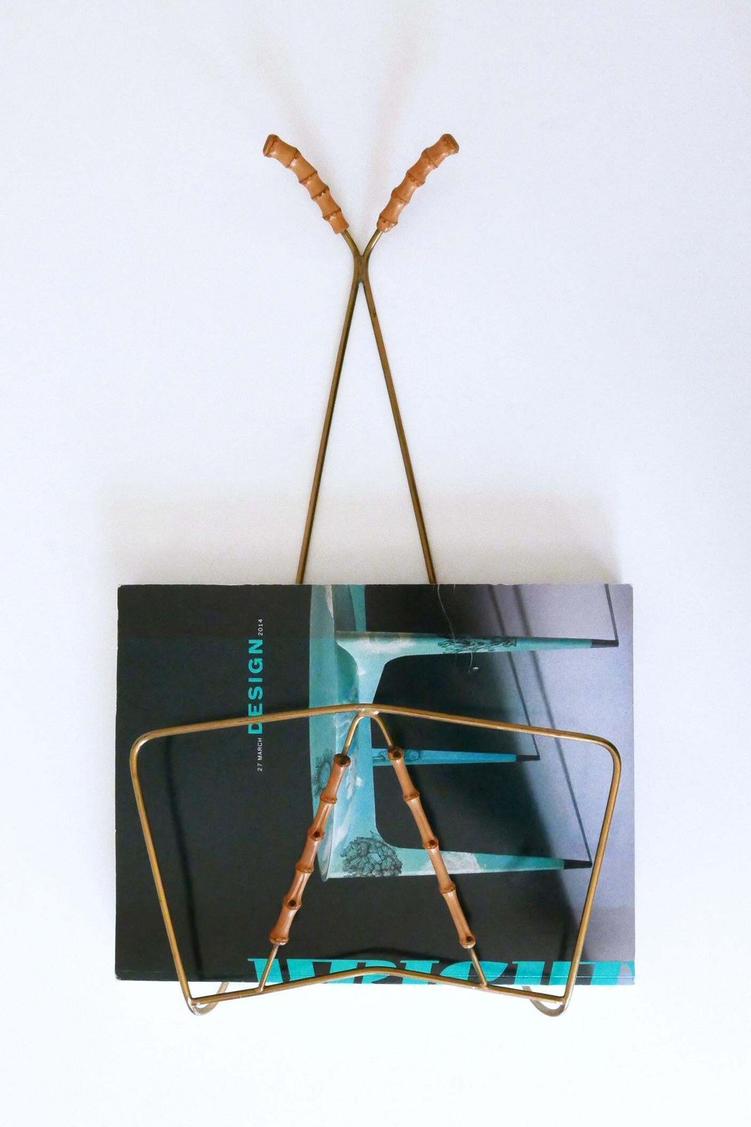 Lovely Mid Century Wall Mounted Brass & Bamboo Magazine Rack Germany 1960s photo buy
