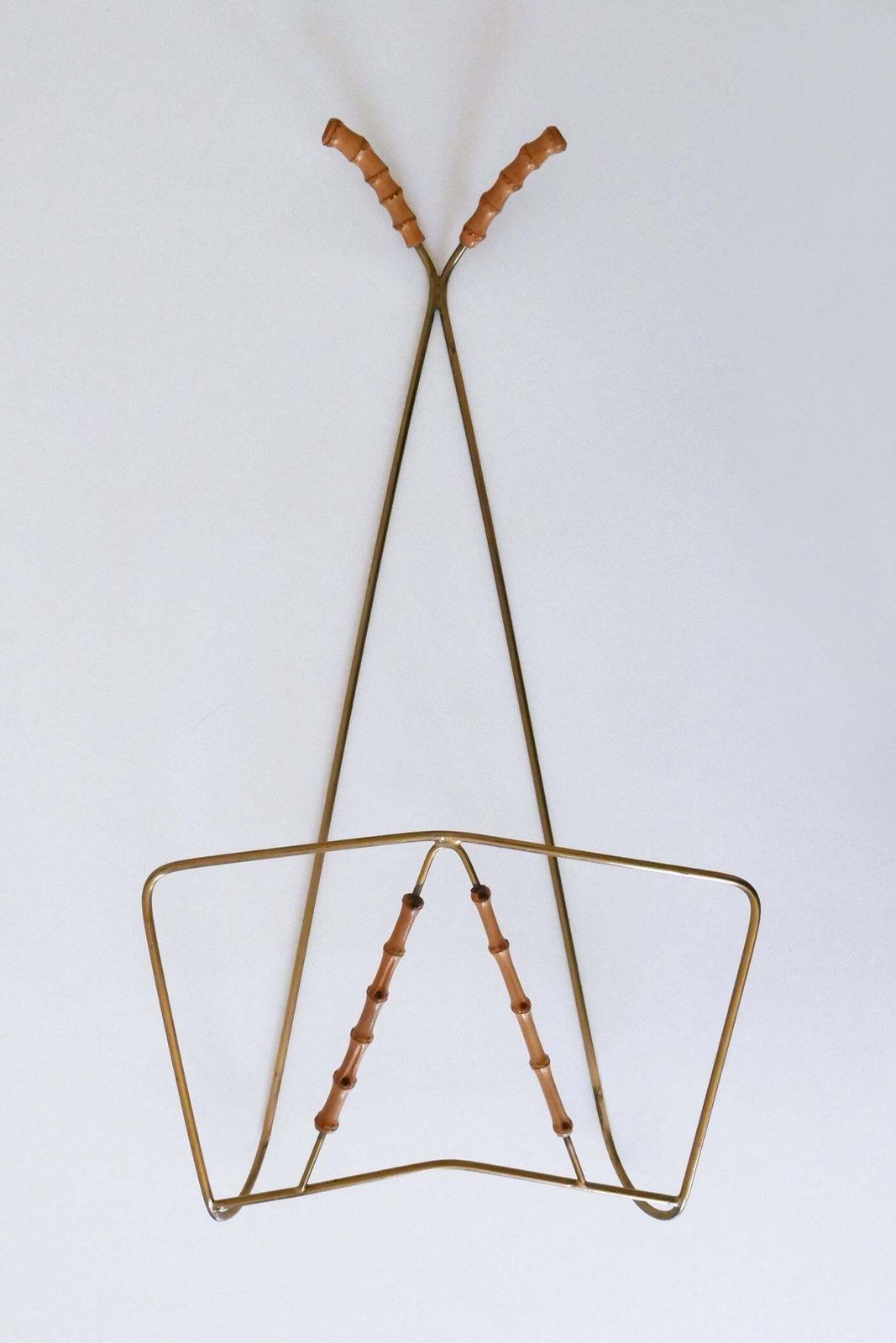photo for sale Lovely Mid Century Wall Mounted Brass & Bamboo Magazine Rack Germany 1960s