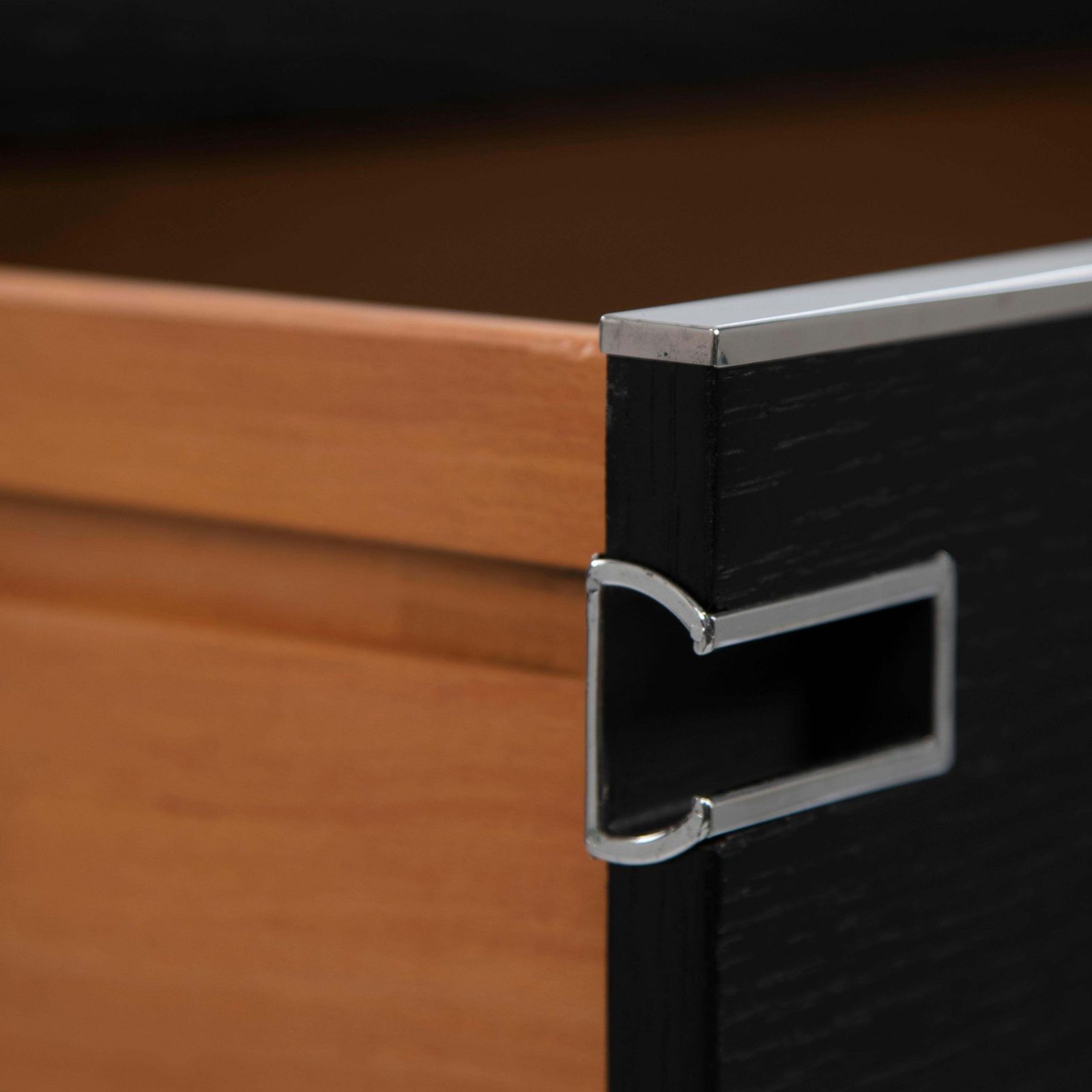 Italian Mid Century Black Oak Ceruse Drawer With Nickeled Handle Recesses 1960s photo vinterior