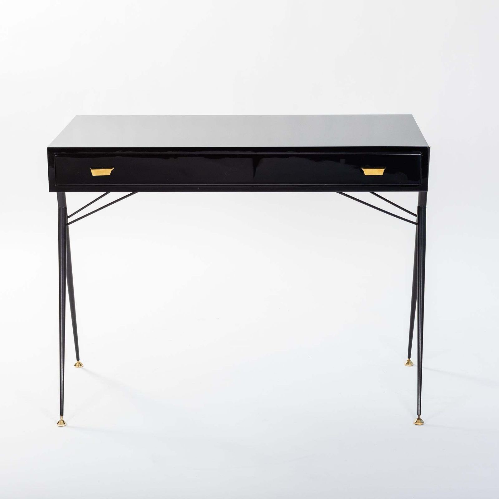 Mid Century Italian Small Writing Desk Black Lacquer, Brass By Silvio Cavatorta photo furniture