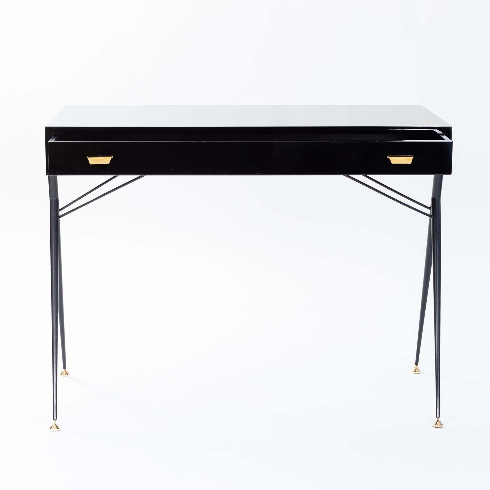 Mid Century Italian Small Writing Desk Black Lacquer, Brass By Silvio Cavatorta photo for sale