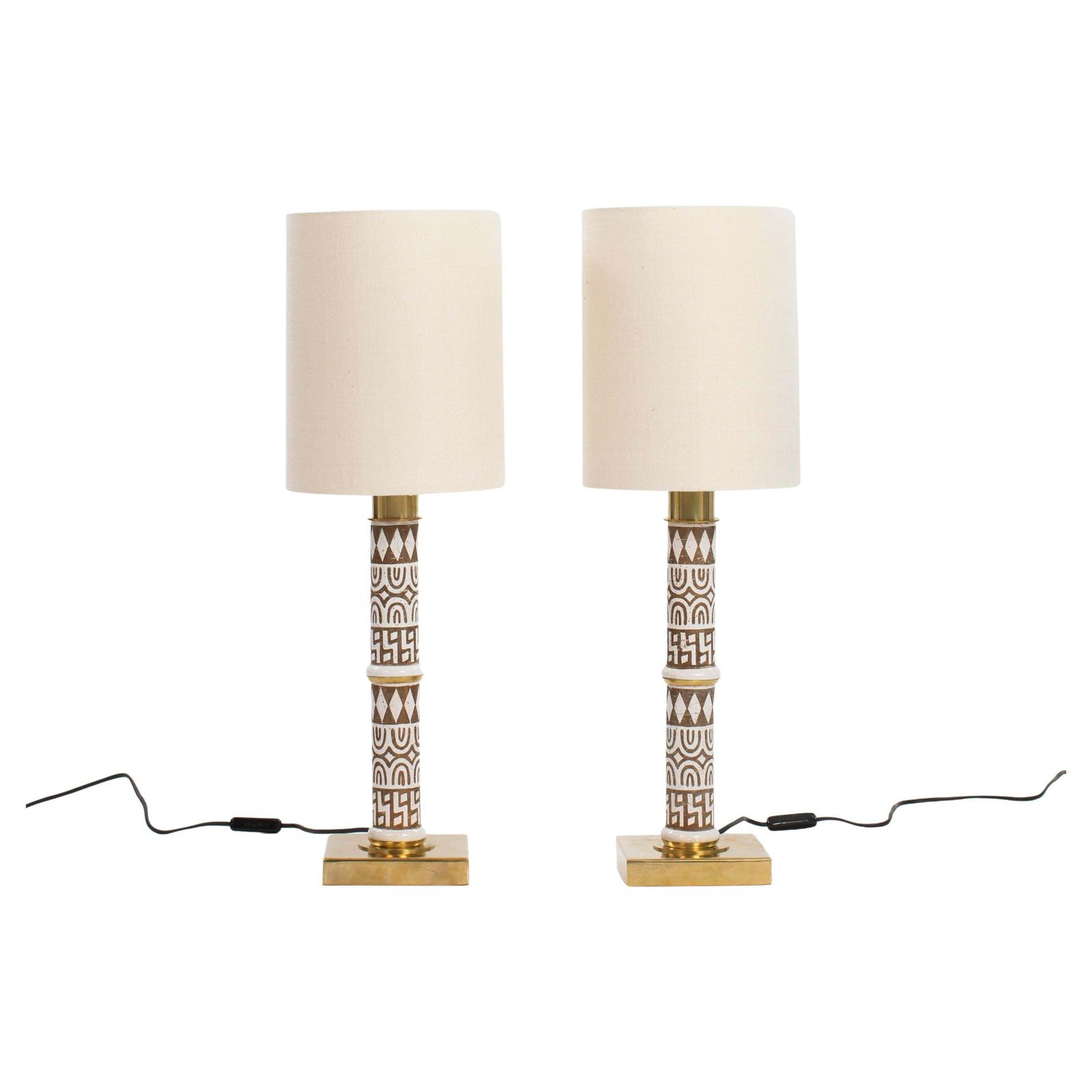 Pair Of Mid Century Italian Ceramic Brass Table Lamps By Banci Firence, 1980s