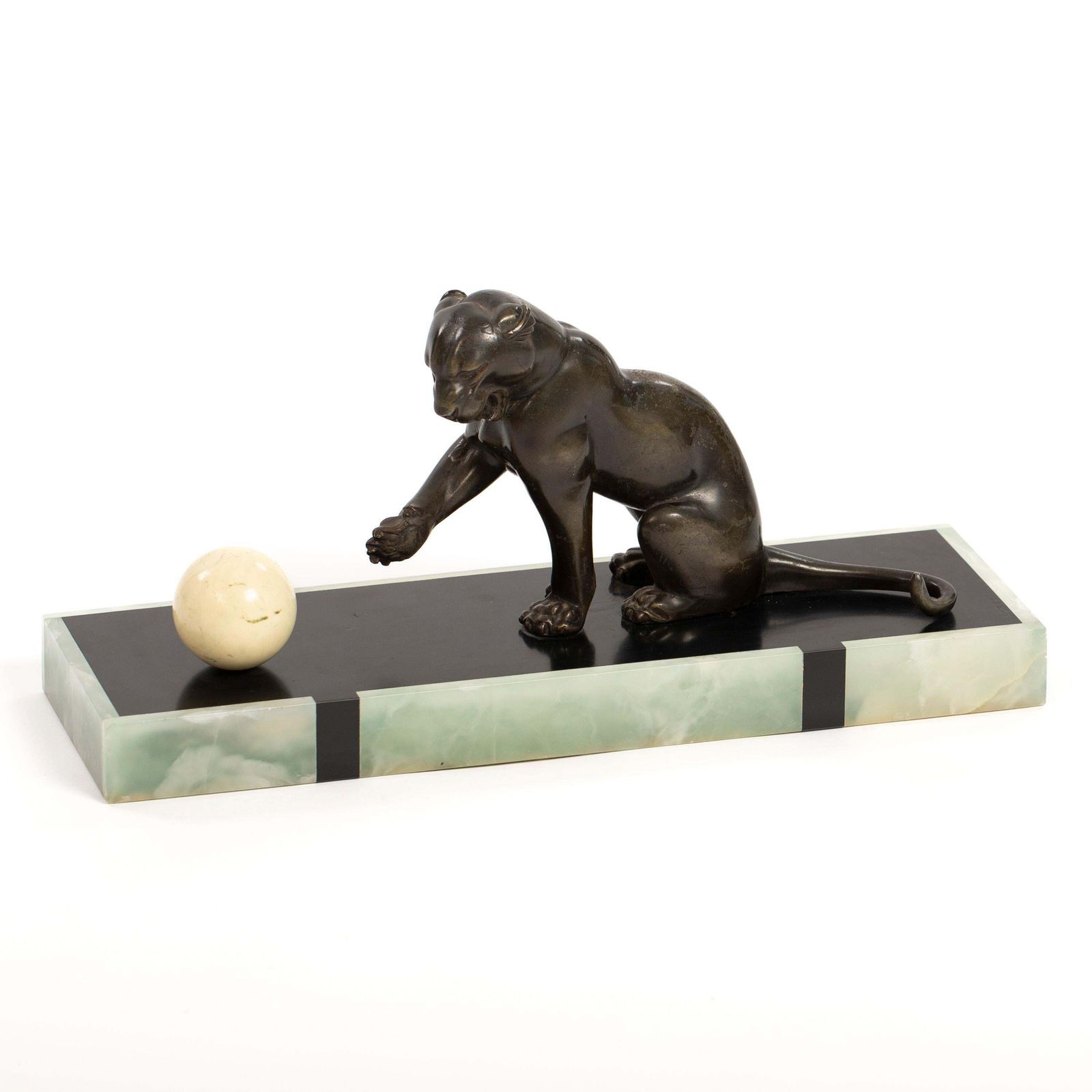 photo furniture French Art Deco Bronze Panther On Marble Base With Jade Trim, Signed Leduc 1910s