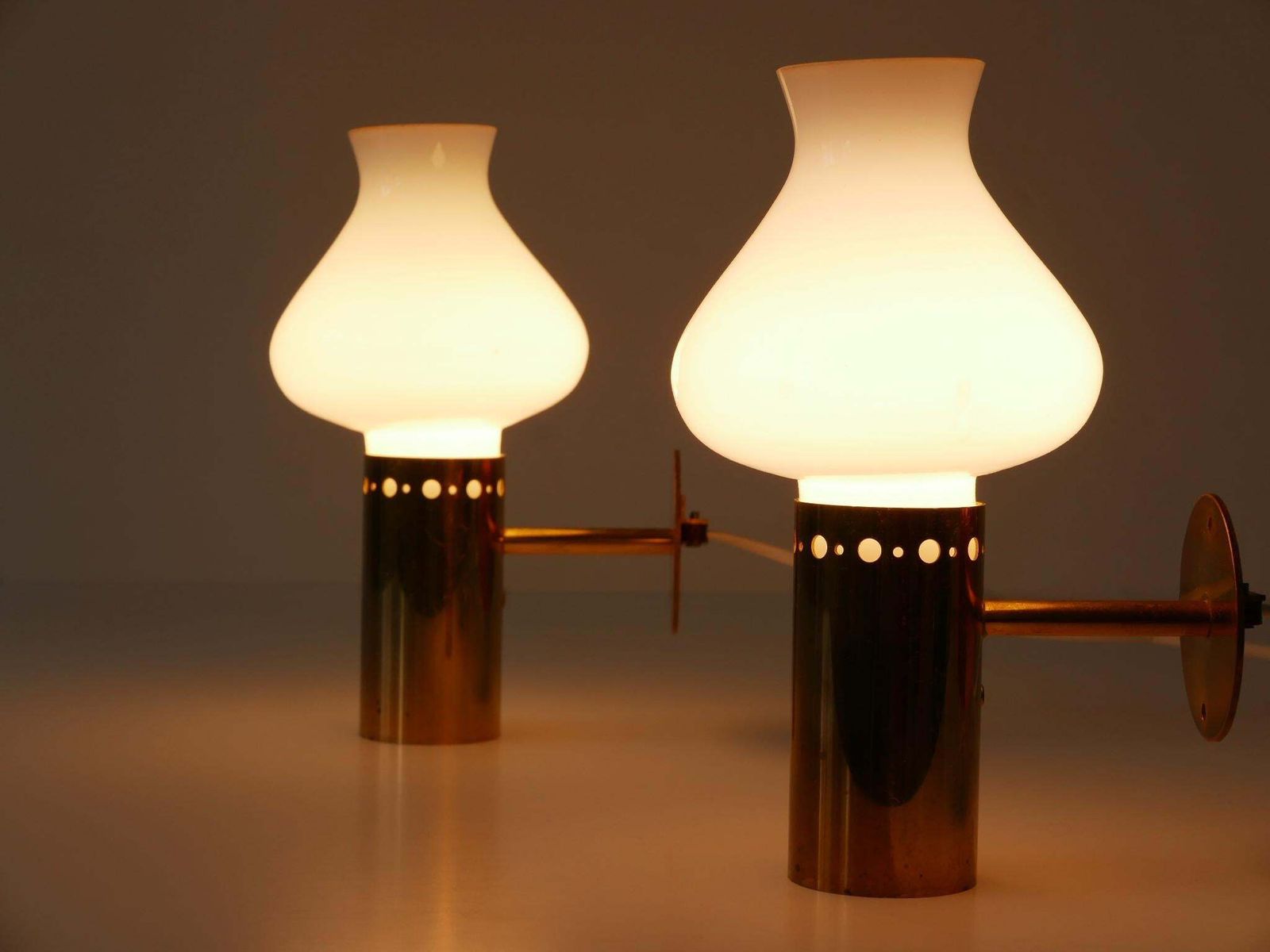 Set Of Two Elegant Mid Century Modern Brass & Glass Sconces Sweden 1950s photo furniture