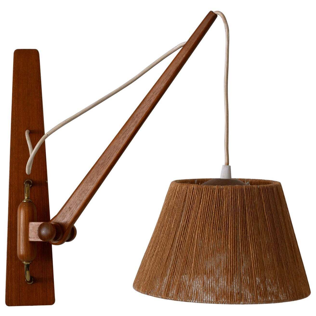 Elegant Mid Century Modern Swing Teak & Sisal Wall Light Denmark 1960s