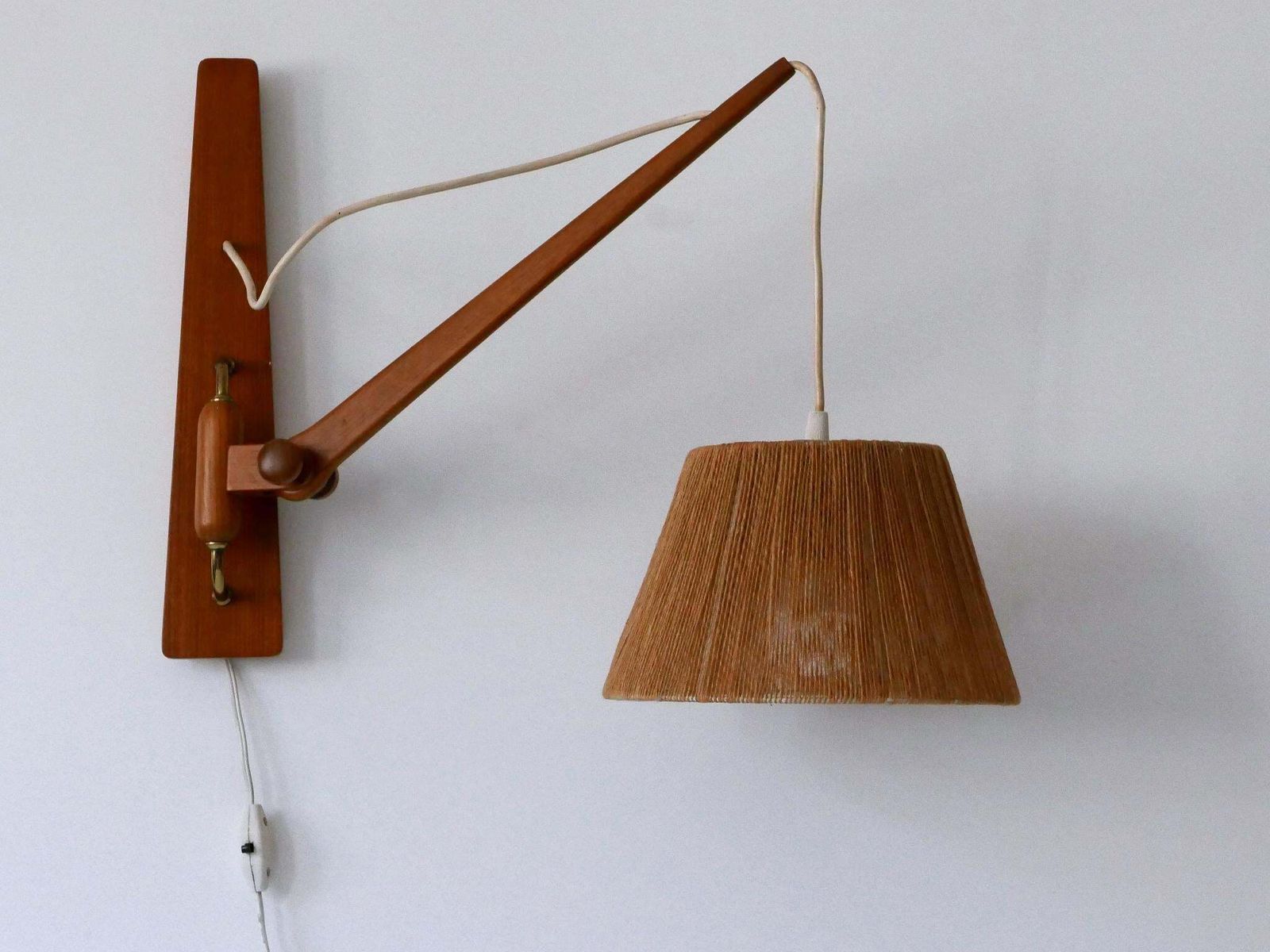 Elegant Mid Century Modern Swing Teak & Sisal Wall Light Denmark 1960s photo vintage
