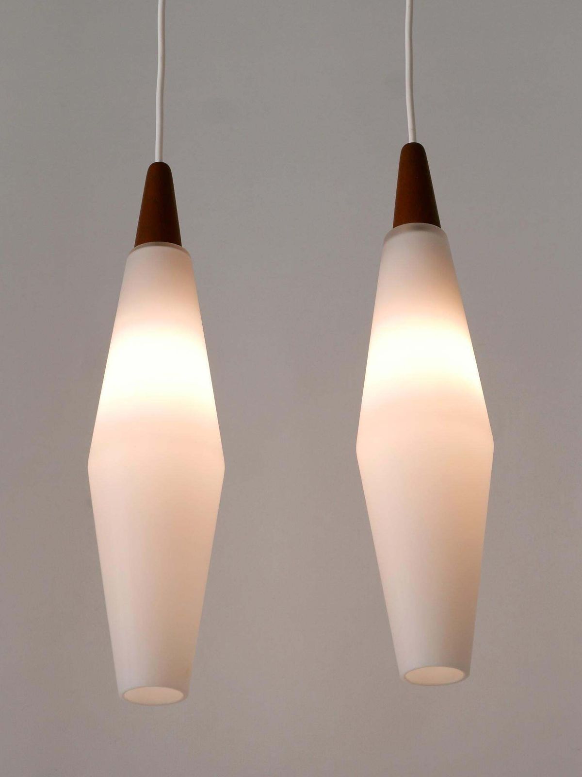 photo buy Set Of Two Elegant Scandinavian Opaline Glass & Teak Pendant Lamps 1960s