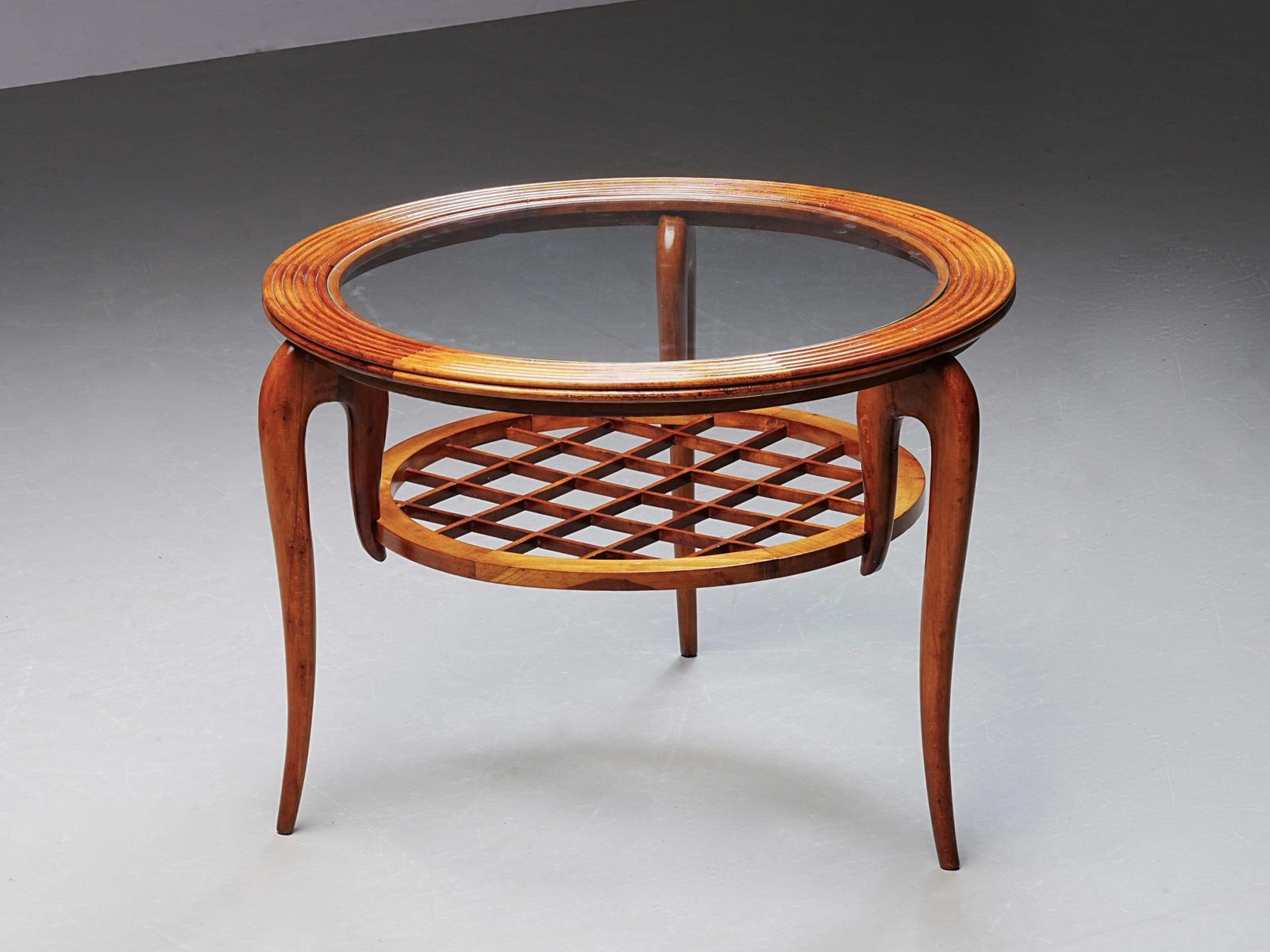 Round Coffee Table In Walnut And Glass, Italy, 1950's photo vintage