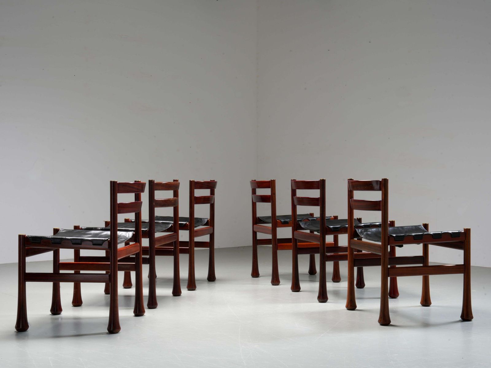 Set Of 6 Dining Chairs By Luciano Frigerio In Wood And Leather, Italy, 1970's photo for sale