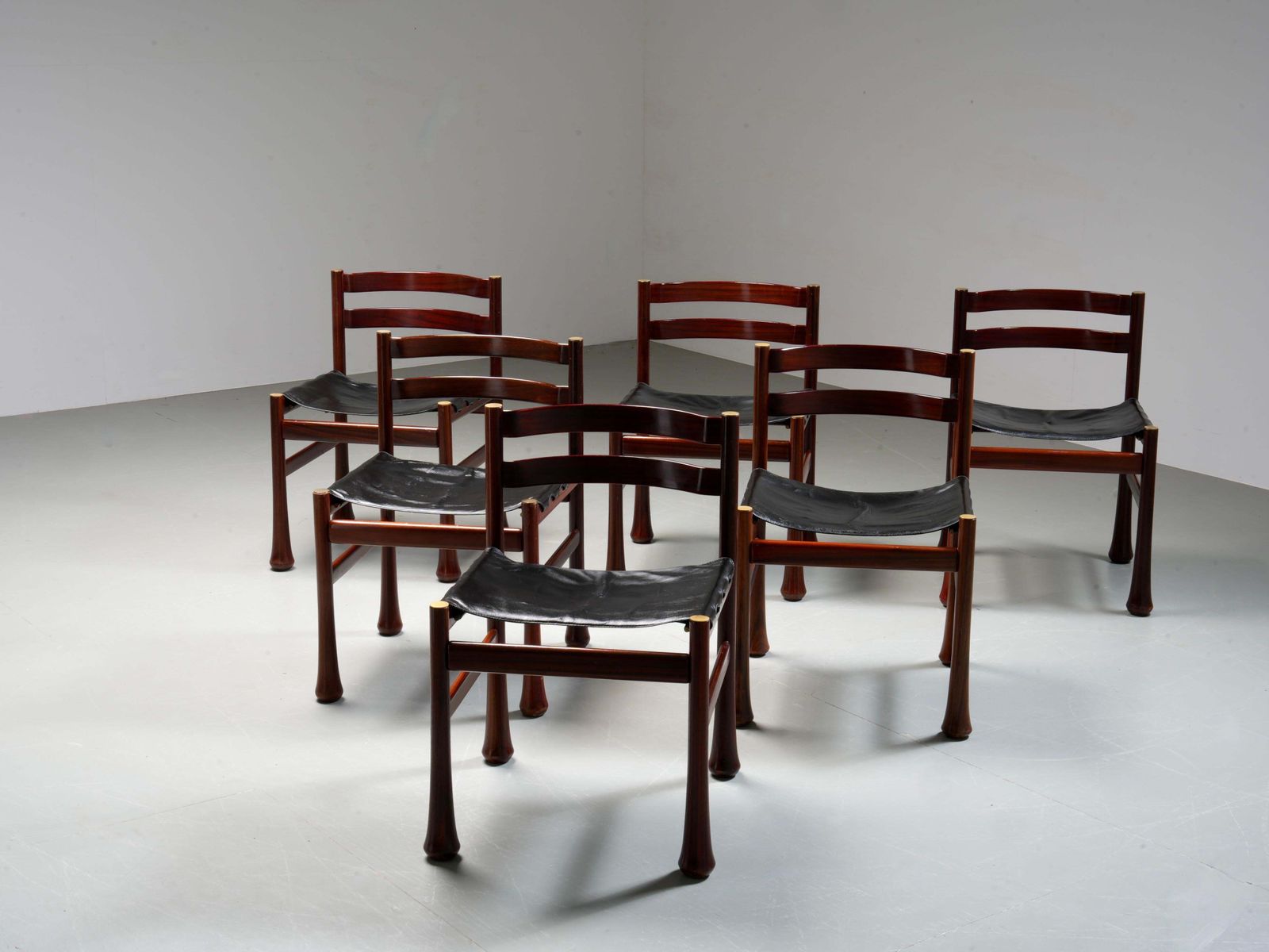 Set Of 6 Dining Chairs By Luciano Frigerio In Wood And Leather, Italy, 1970's photo Furniture