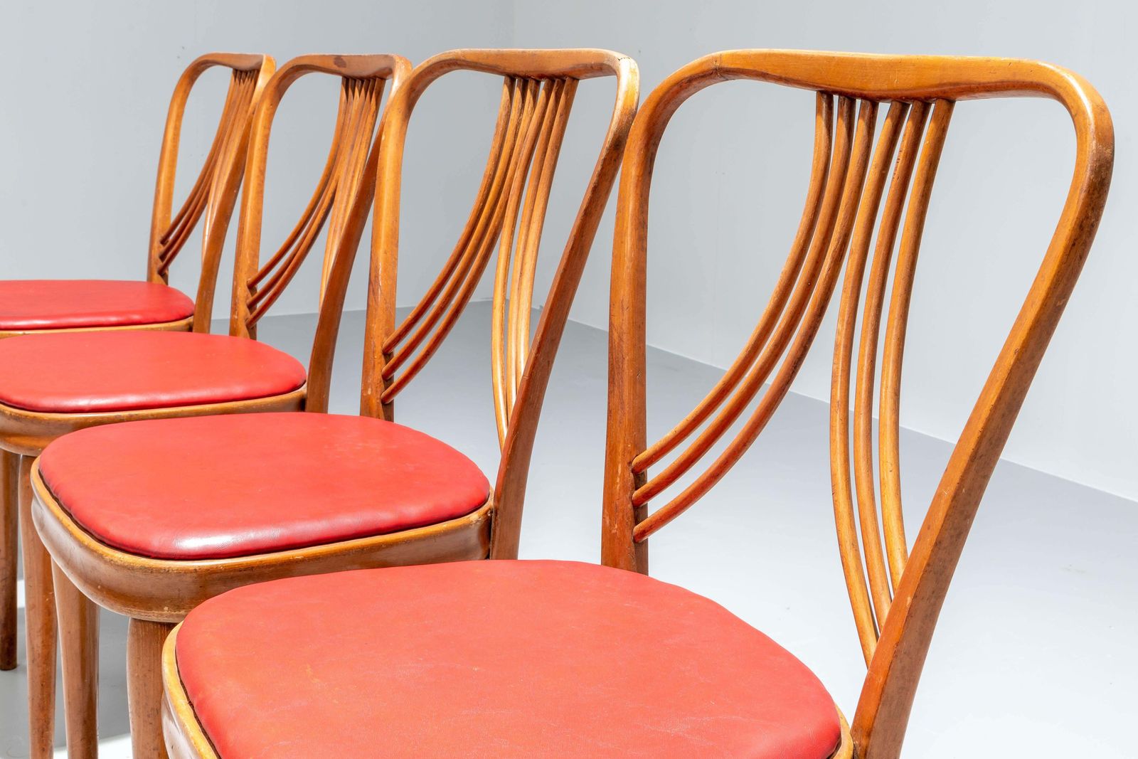 Set Of 4 Diningroom Chairs In Blond Wood And Red Faux Leather, Italy, 1950's photo 1420.0