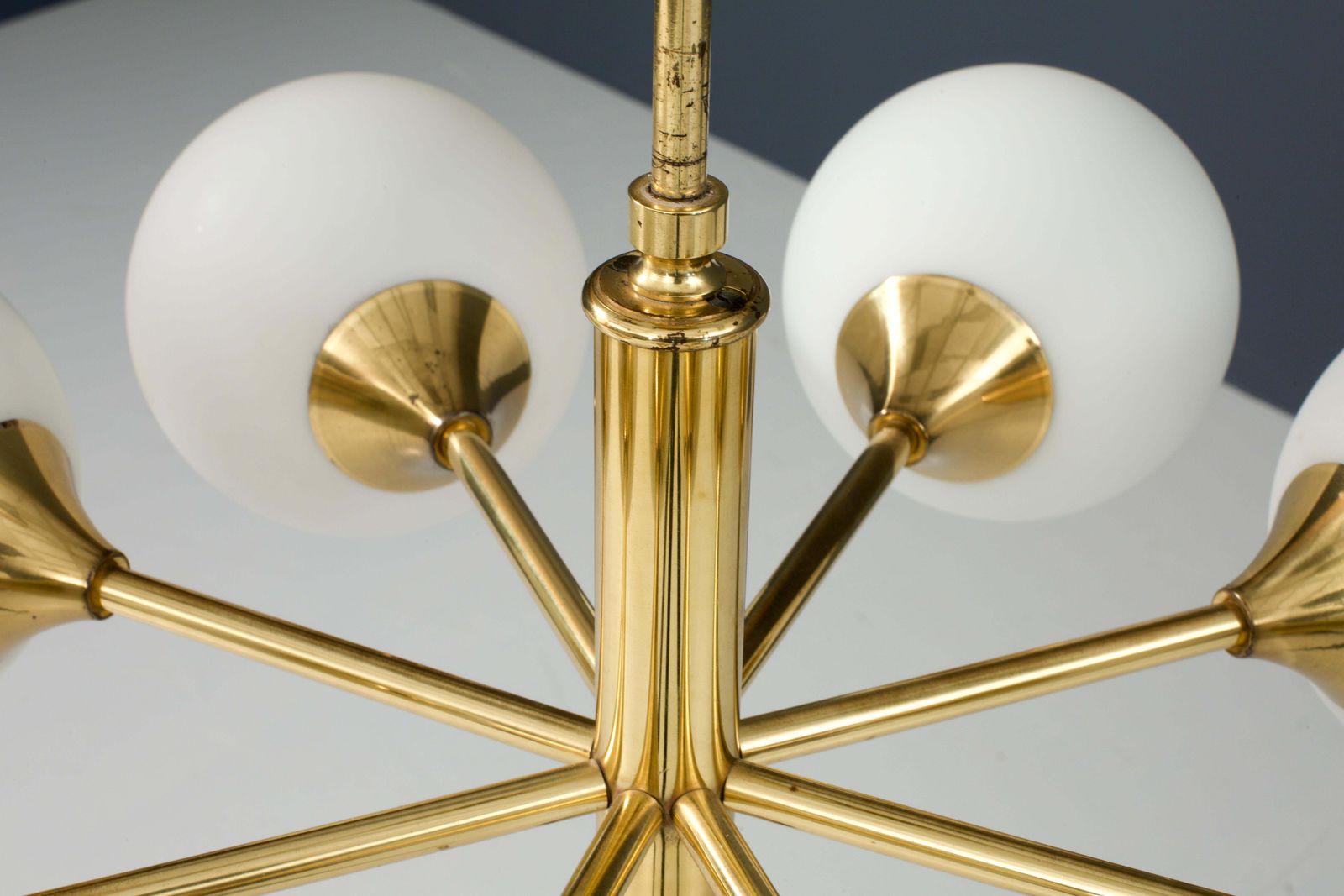 Sputnik In Brass And 8 Opaline Bulbs, Eastern Europe, 1960s photo 2241.0