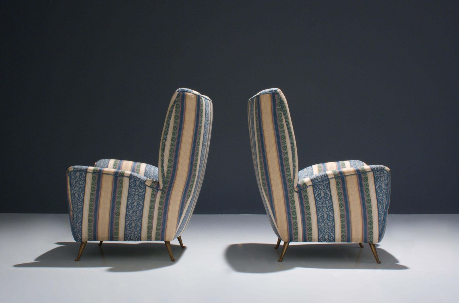 Set Of Two Lounge Chairs By I.S.A. In Silk Upholstery And Brass, Italy, 1950s photo for sale