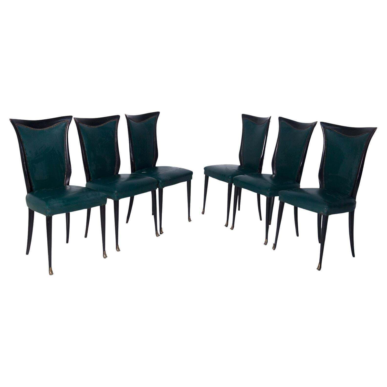 Elegant Set Of Six Italian Made Chairs In Green Leather