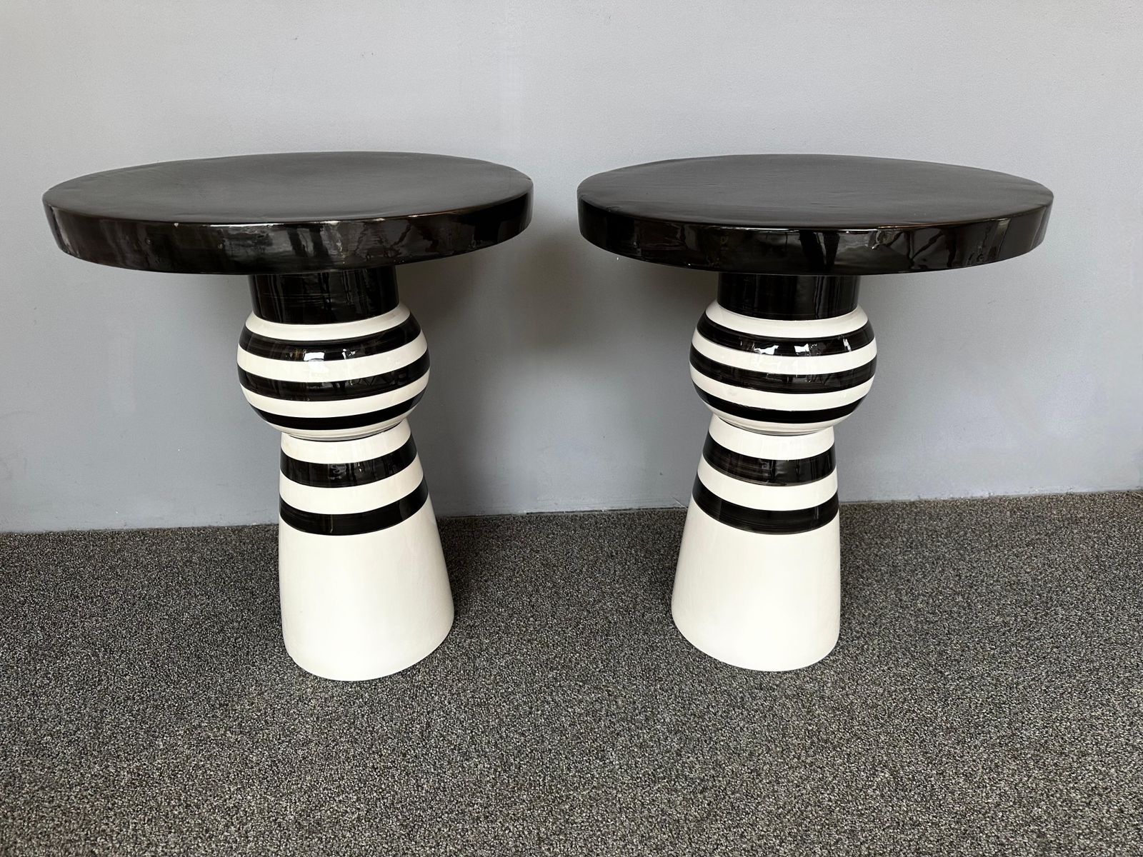 Contemporary Pair Of Black And White Ceramic Stripe Side Tables. Italy photo Furniture