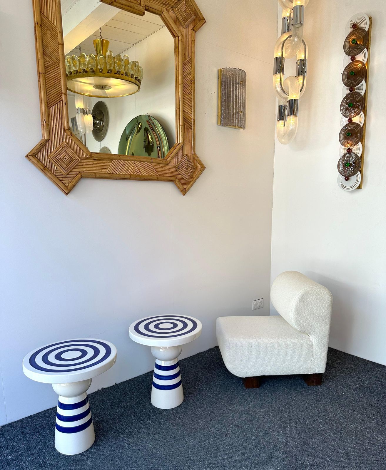 photo furniture Contemporary Pair Of Blue And White Ceramic Stripe Side Tables. Italy