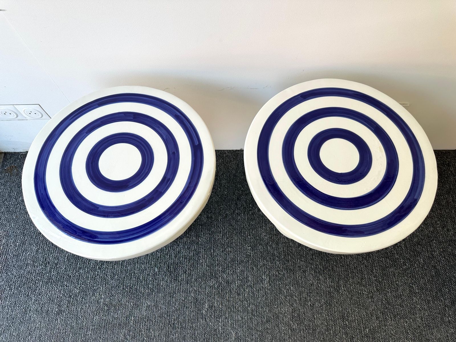 photo for sale Contemporary Pair Of Blue And White Ceramic Stripe Side Tables. Italy