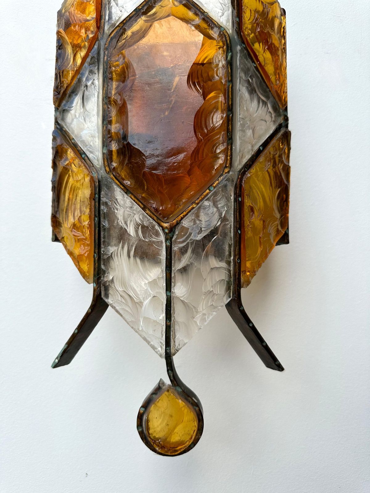 Pair Of Hammered Glass Wrought Iron Sconces By Longobard, Italy, 1970s photo 2946.0