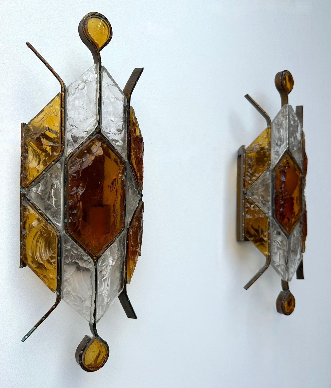 Pair Of Hammered Glass Wrought Iron Sconces By Longobard, Italy, 1970s photo vinterior