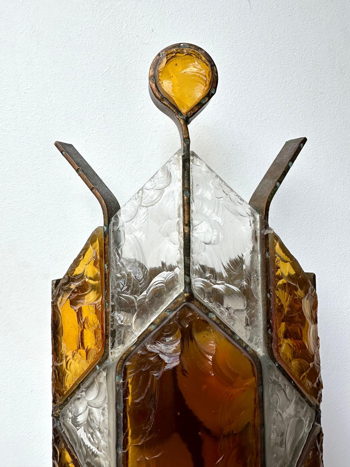 Pair Of Hammered Glass Wrought Iron Sconces By Longobard, Italy, 1970s photo buy