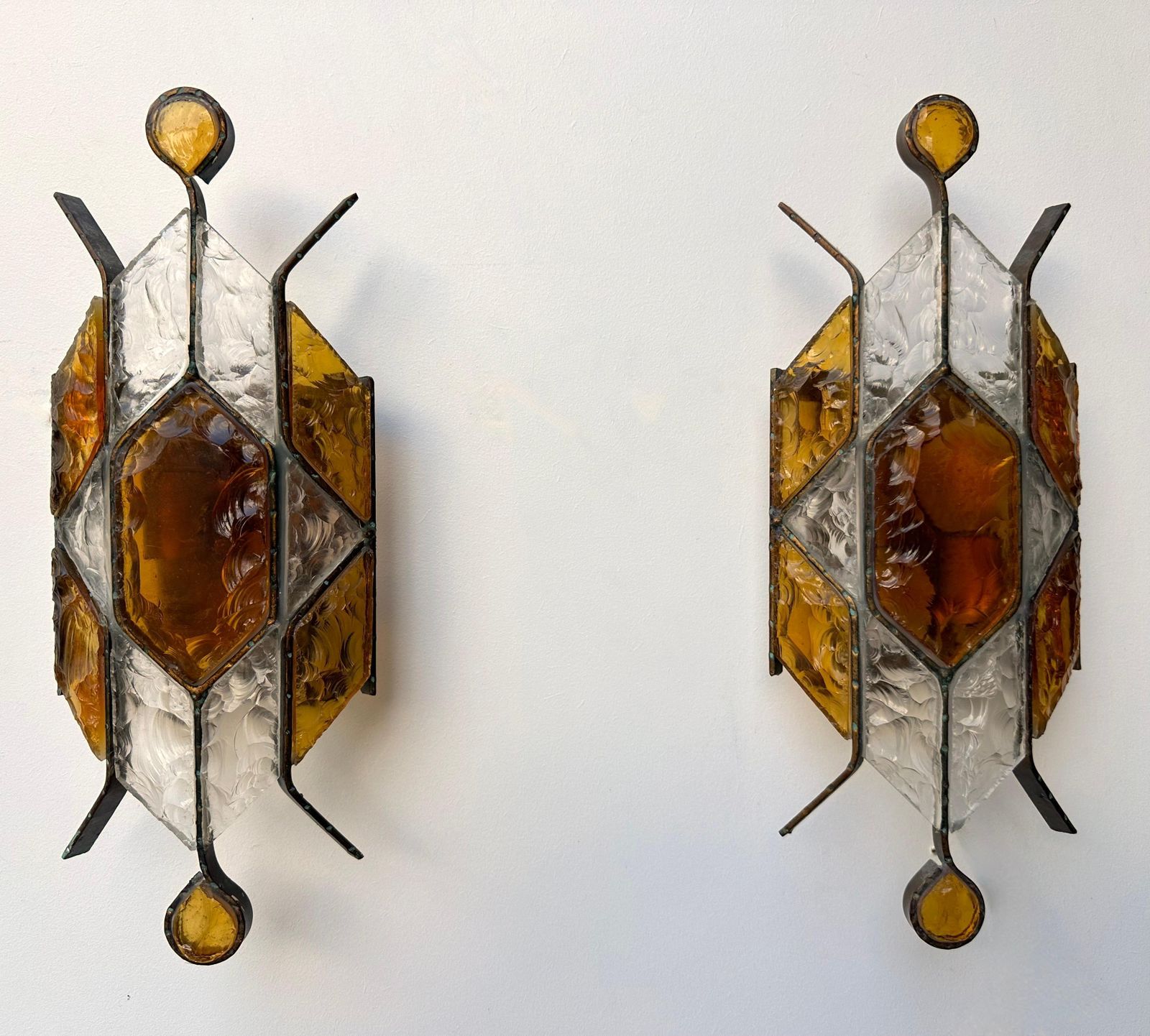 Pair Of Hammered Glass Wrought Iron Sconces By Longobard, Italy, 1970s photo vintage