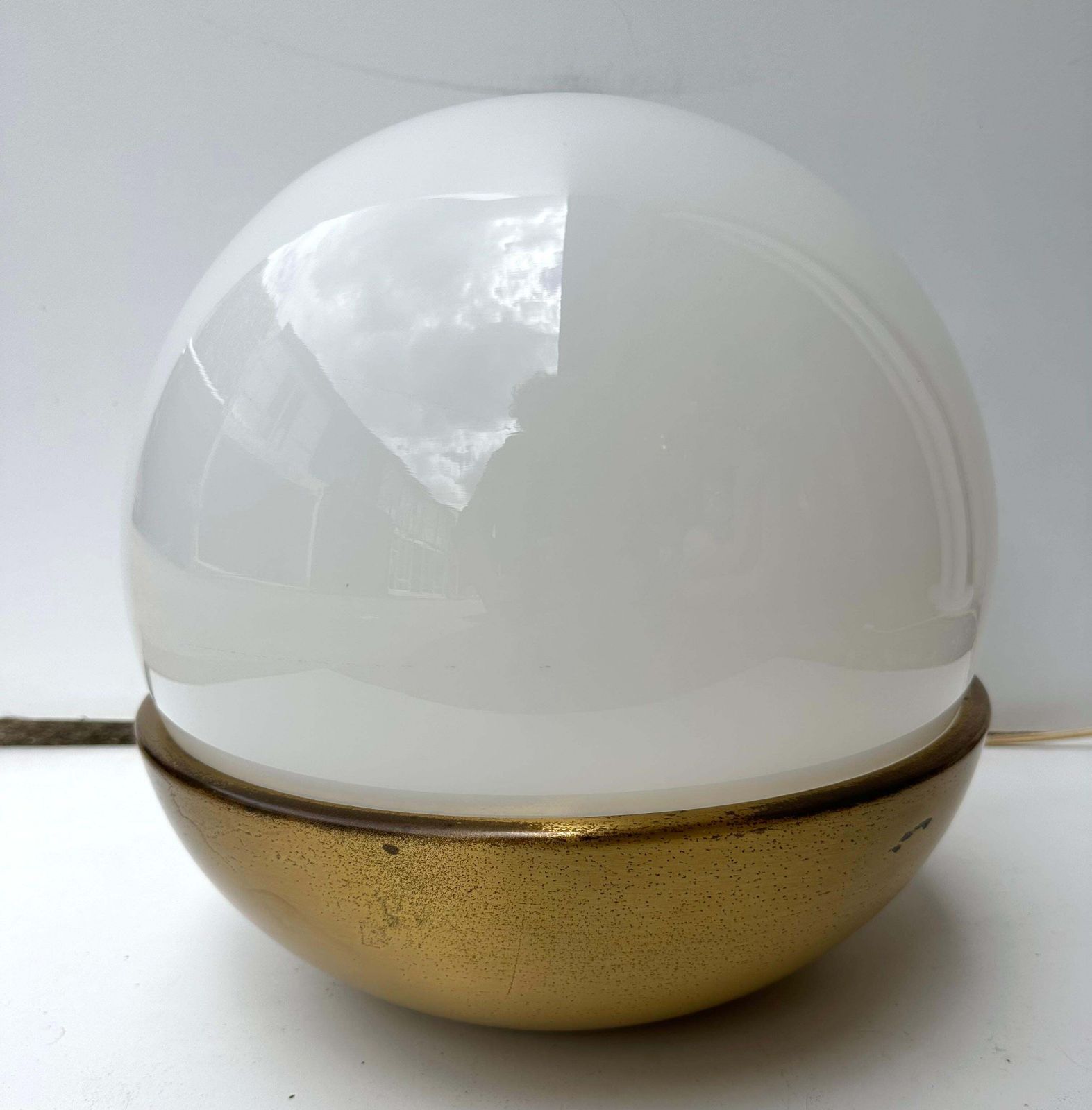 photo for sale Ball Lamp Brass And Opaline Murano Glass.  Italy, 1970s