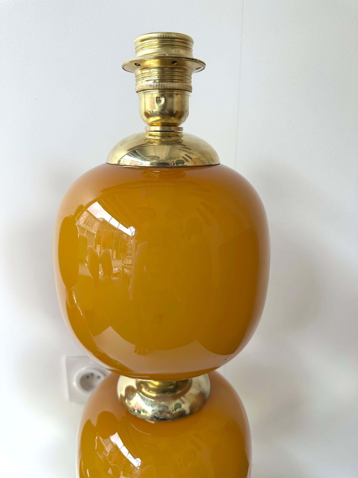 Contemporary Pair Of Brass And Orange Murano Glass Bulbs Lamps, Italy photo buy