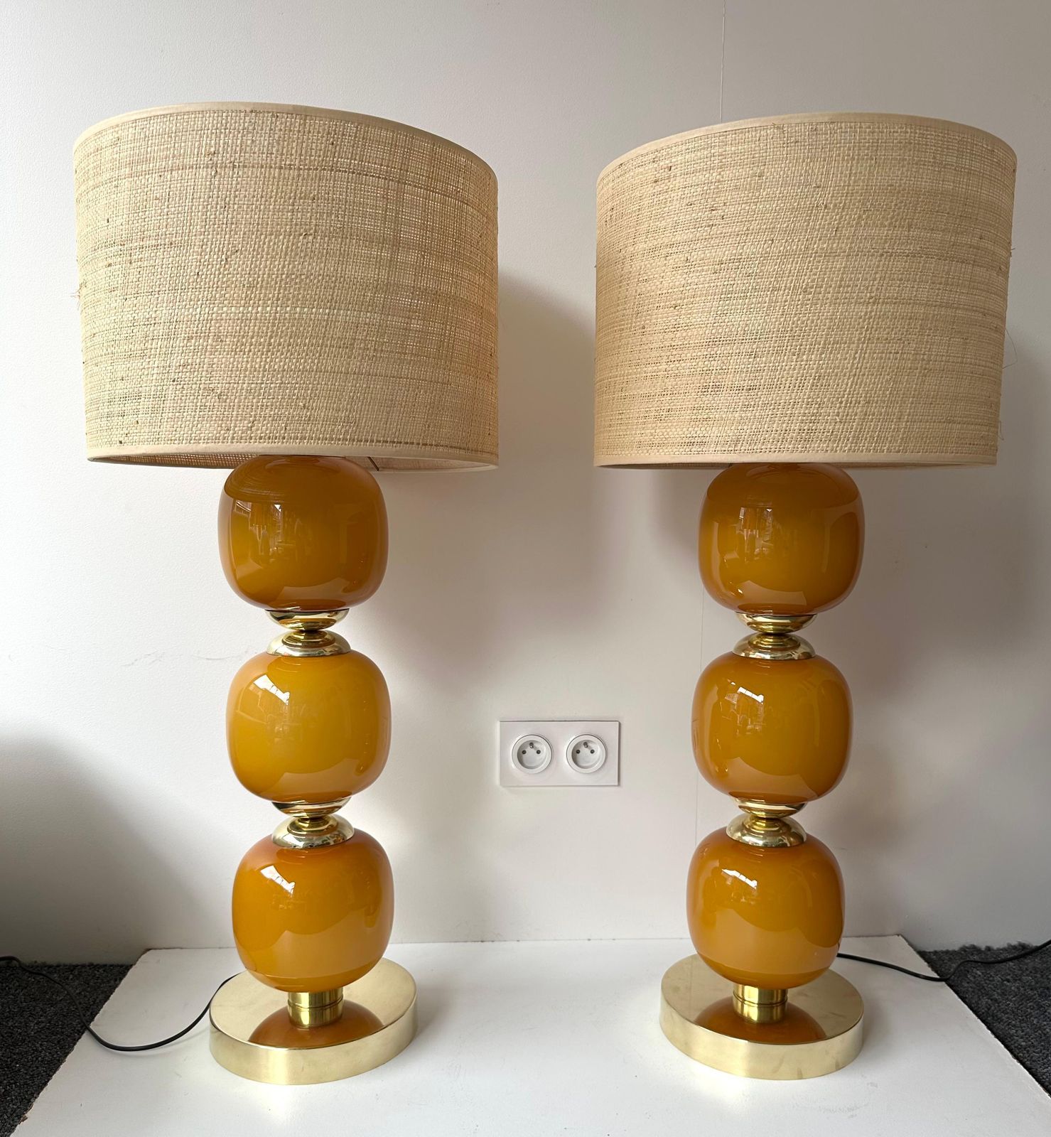photo for sale Contemporary Pair Of Brass And Orange Murano Glass Bulbs Lamps, Italy