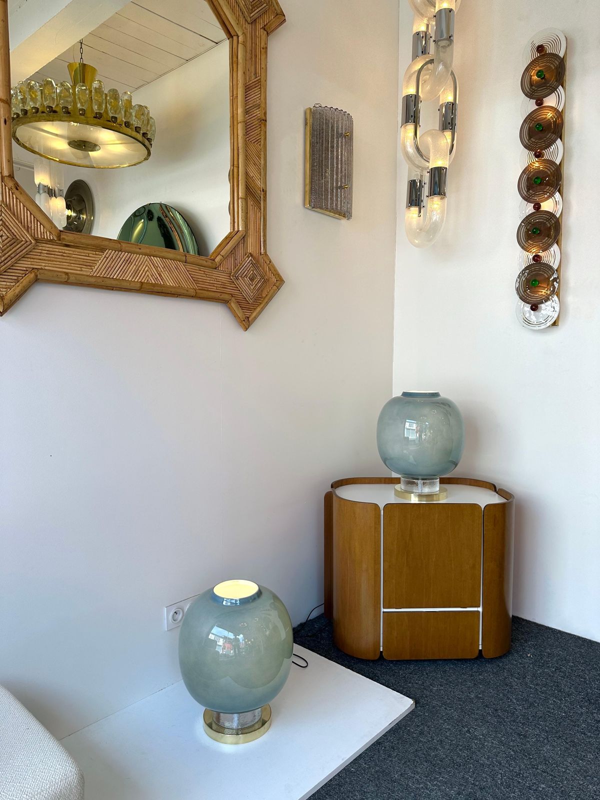Contemporary Pair Of Brass And Blue Murano Glass Bulb Lamps, Italy photo for sale