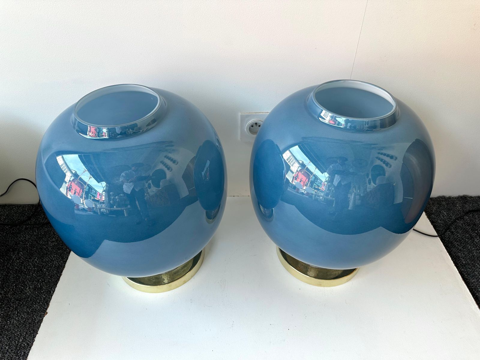 photo furniture Contemporary Pair Of Brass And Blue Murano Glass Bulb Lamps, Italy