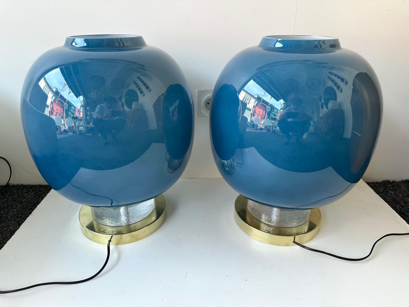 photo for sale Contemporary Pair Of Brass And Blue Murano Glass Bulb Lamps, Italy
