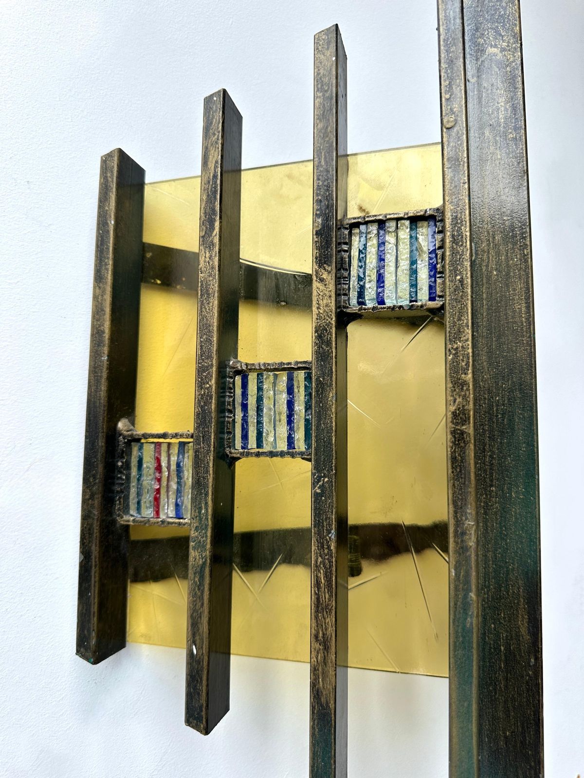 Pair Of Hammered Glass Gilt Iron Sconces By Biancardi, Italy, 1970s photo 4159.0