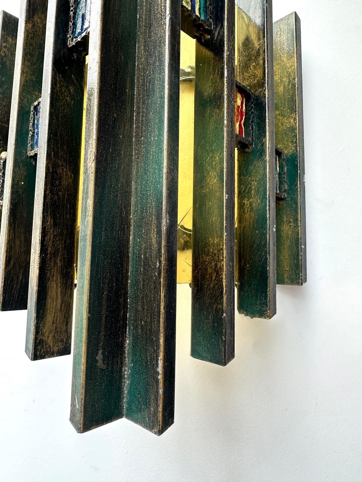 Pair Of Hammered Glass Gilt Iron Sconces By Biancardi, Italy, 1970s photo vinterior