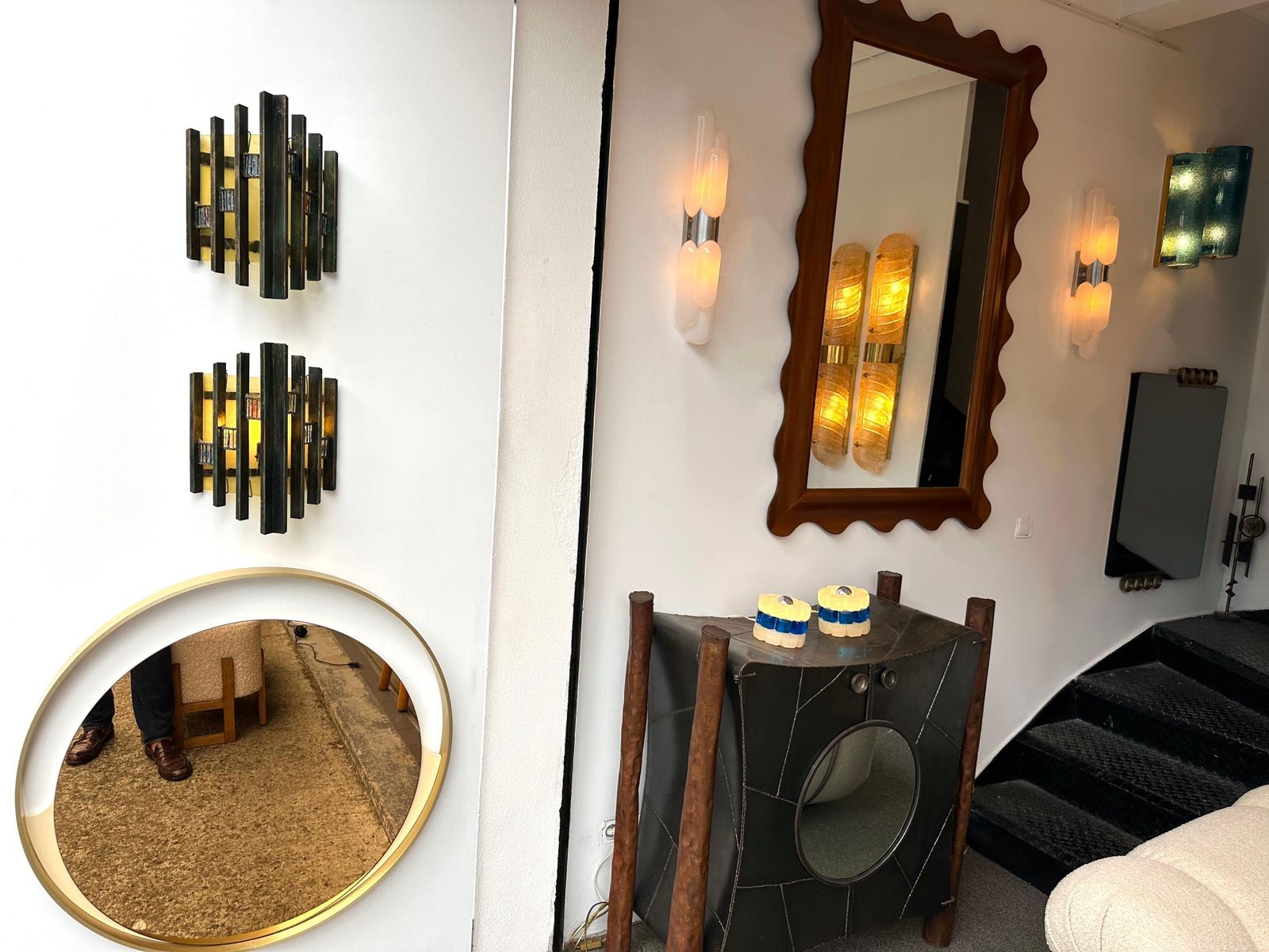 photo furniture Pair Of Hammered Glass Gilt Iron Sconces By Biancardi, Italy, 1970s
