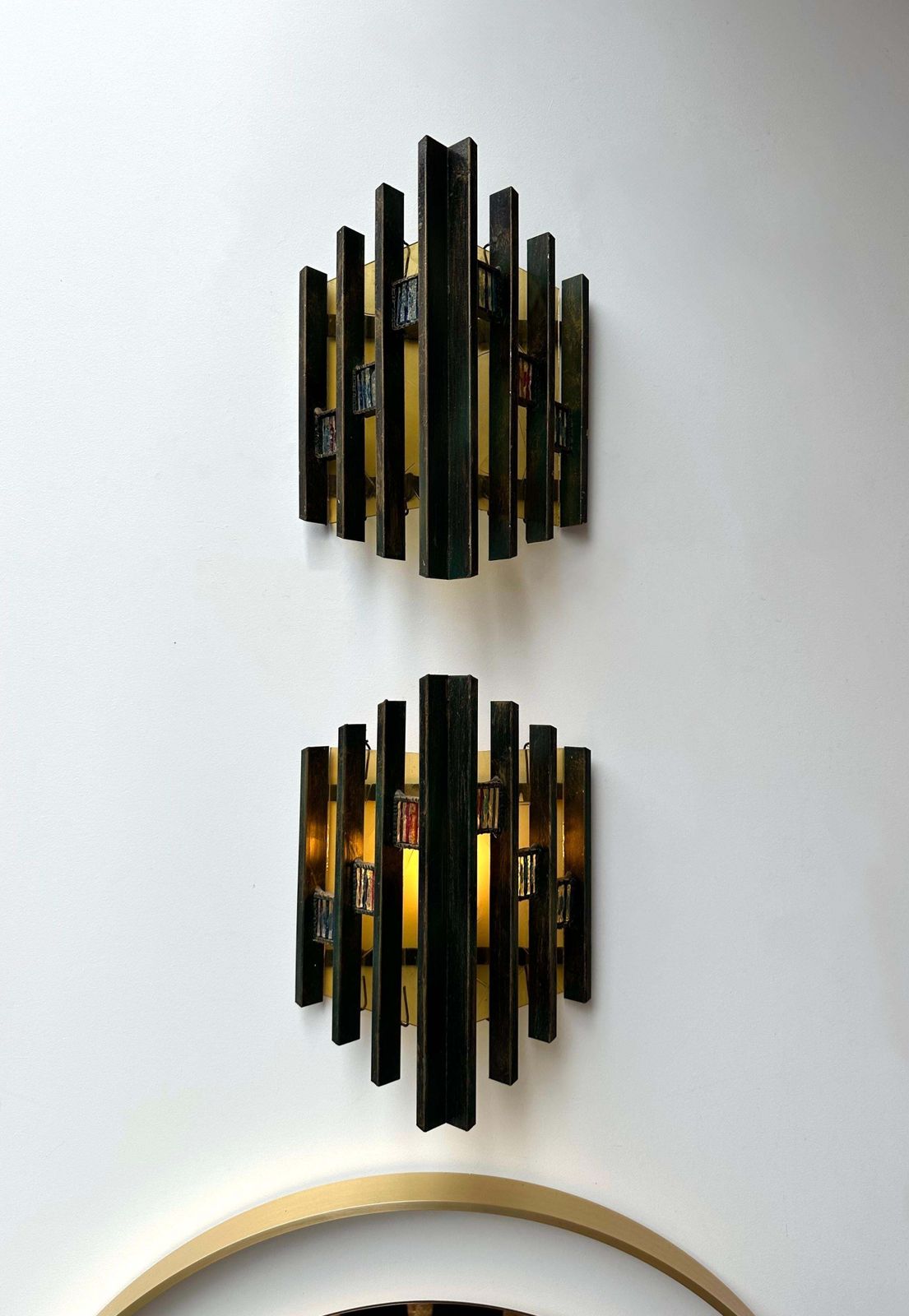 photo for sale Pair Of Hammered Glass Gilt Iron Sconces By Biancardi, Italy, 1970s