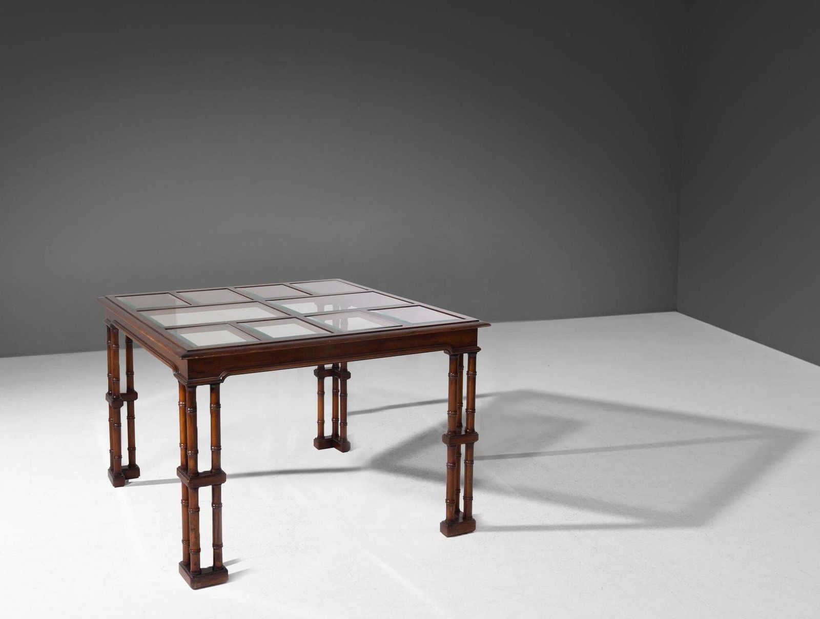 Gregotti's Faux Bamboo Buffet Tables With Cut Glass Shelves photo for sale