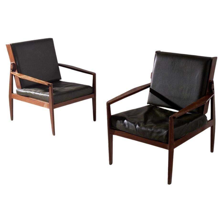 Italian Vintage Pair Of Dark Green Leather Armchairs