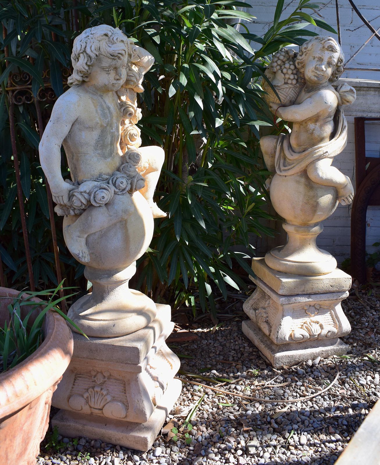 Pair Of 20th Century Garden Cherubs On Square Plinths photo for sale