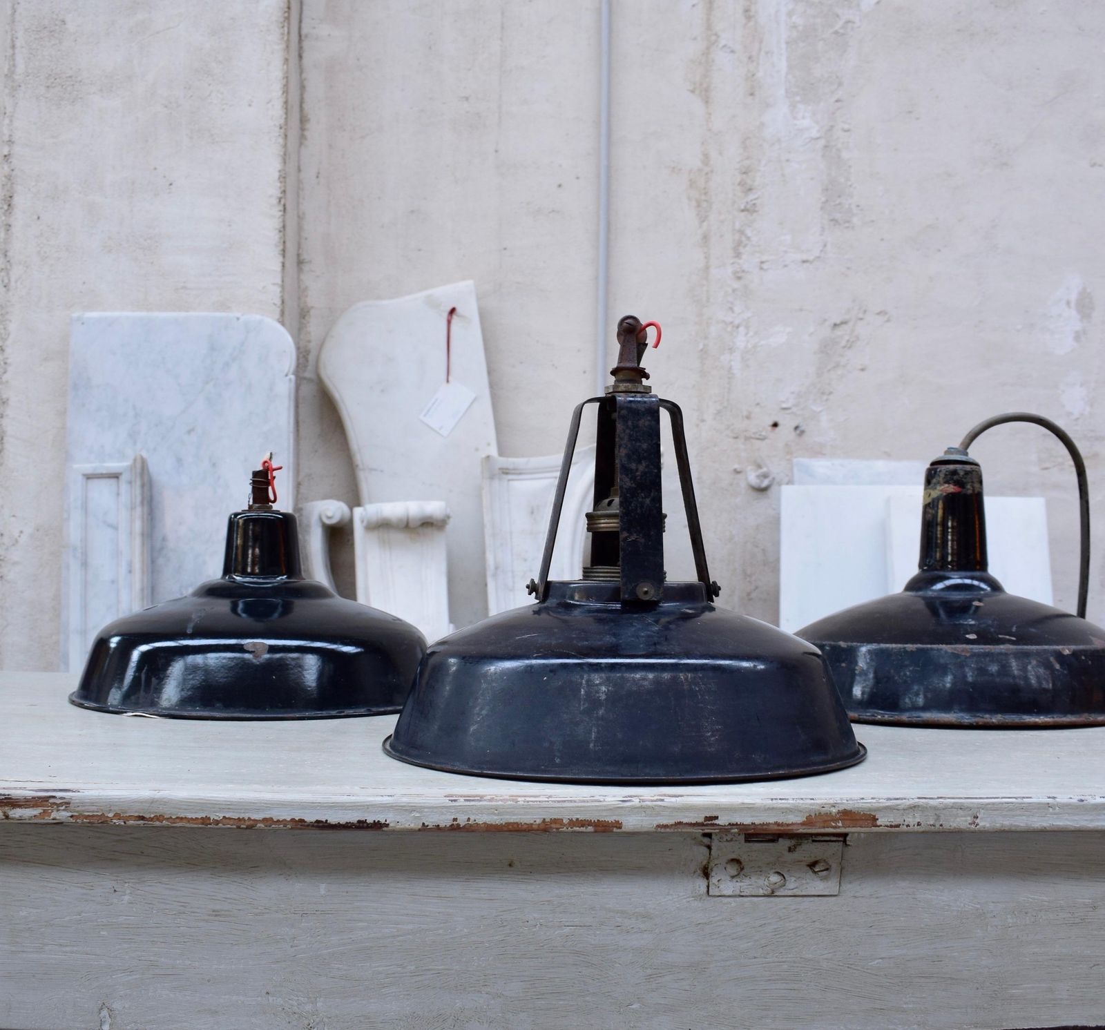 A Set Of Industrial Black Enamel Hanging Lamps Circa 1940s photo for sale