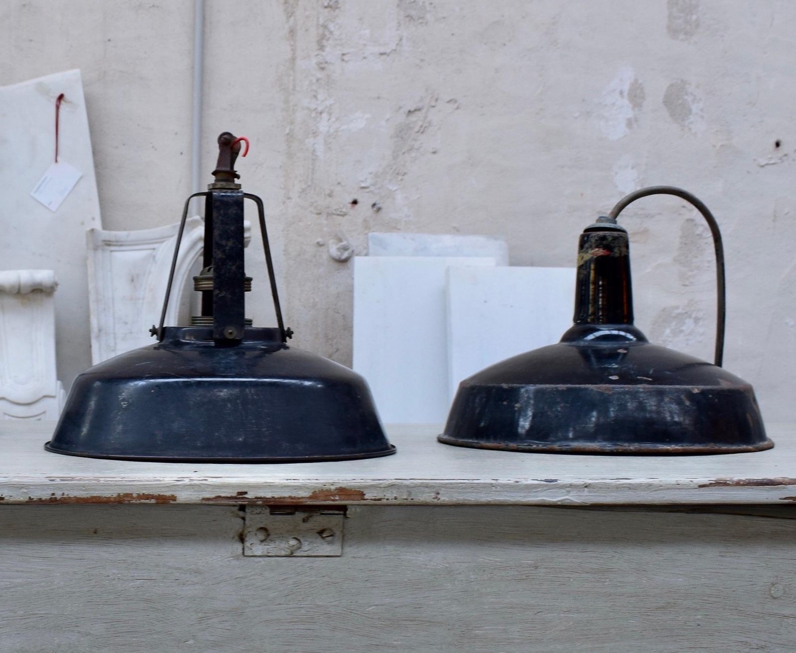 A Set Of Industrial Black Enamel Hanging Lamps Circa 1940s photo Lighting