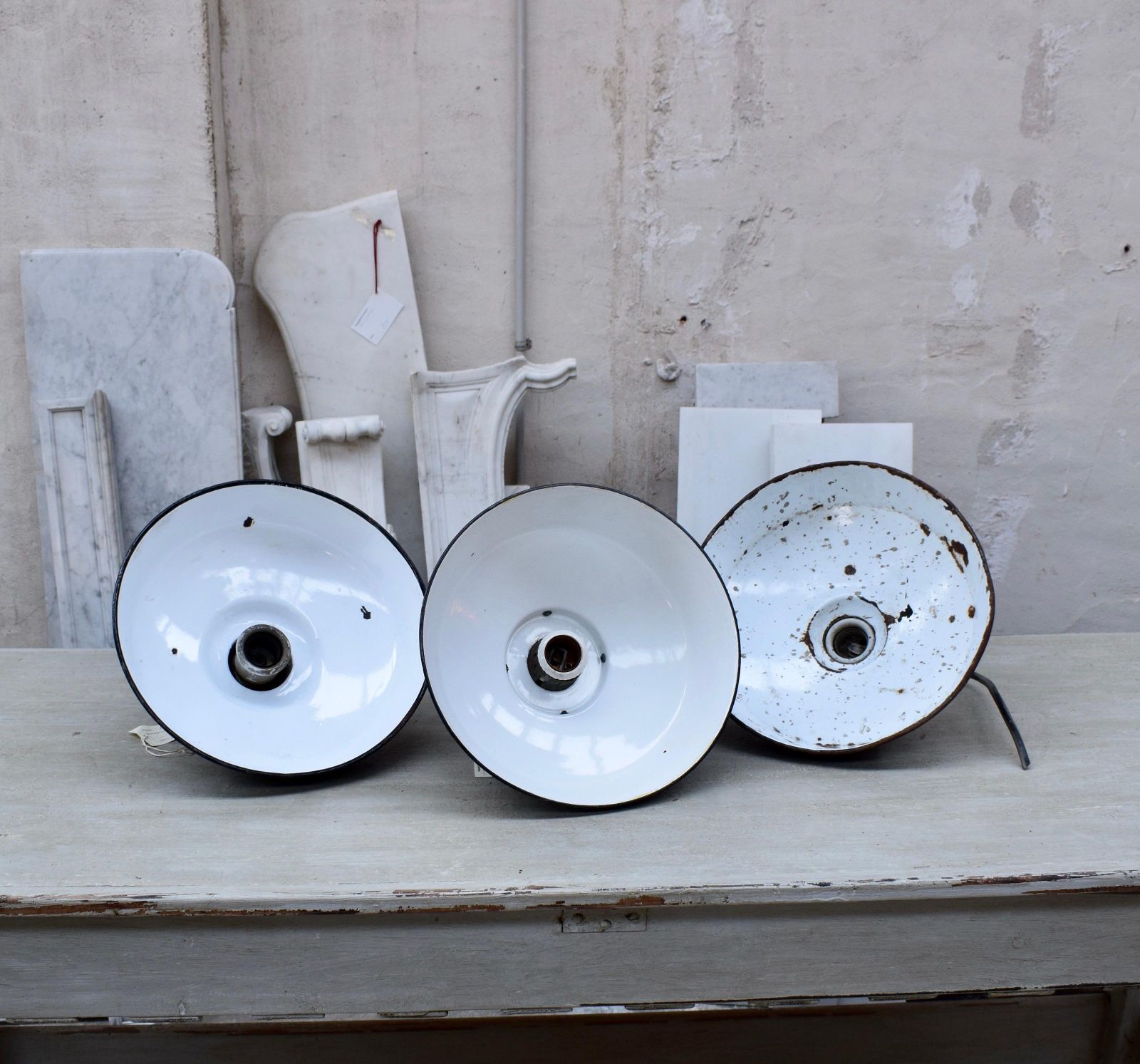 photo for sale A Set Of Industrial Black Enamel Hanging Lamps Circa 1940s