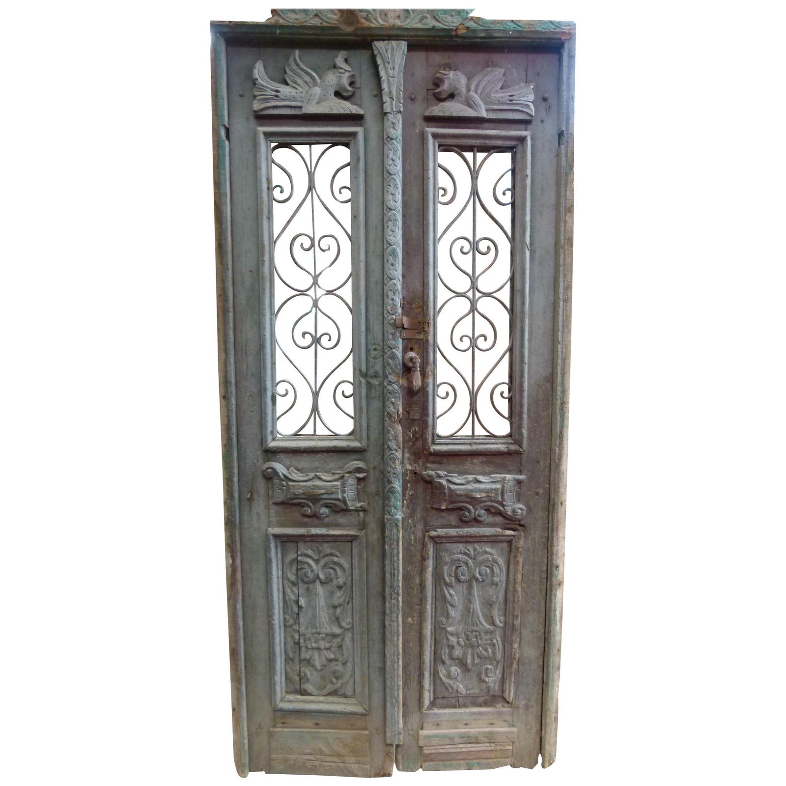 19th Century Wooden Double Front Door In Art Nouveau Style