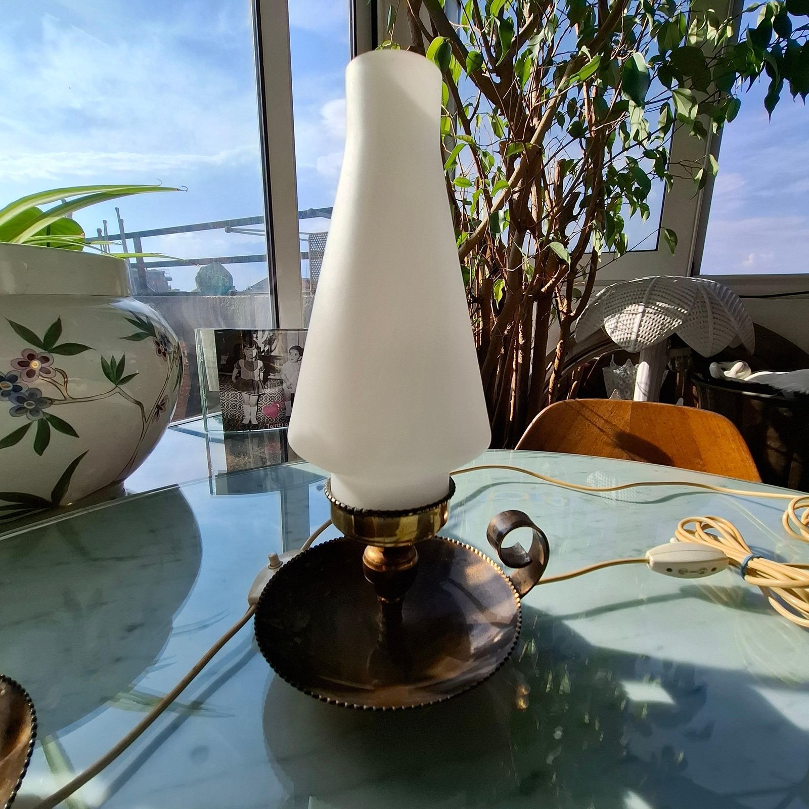 Stilnovo Coppia Lampade Da Tavolo Firmate Ottone E Vetro Opale 1950 Italy photo for sale