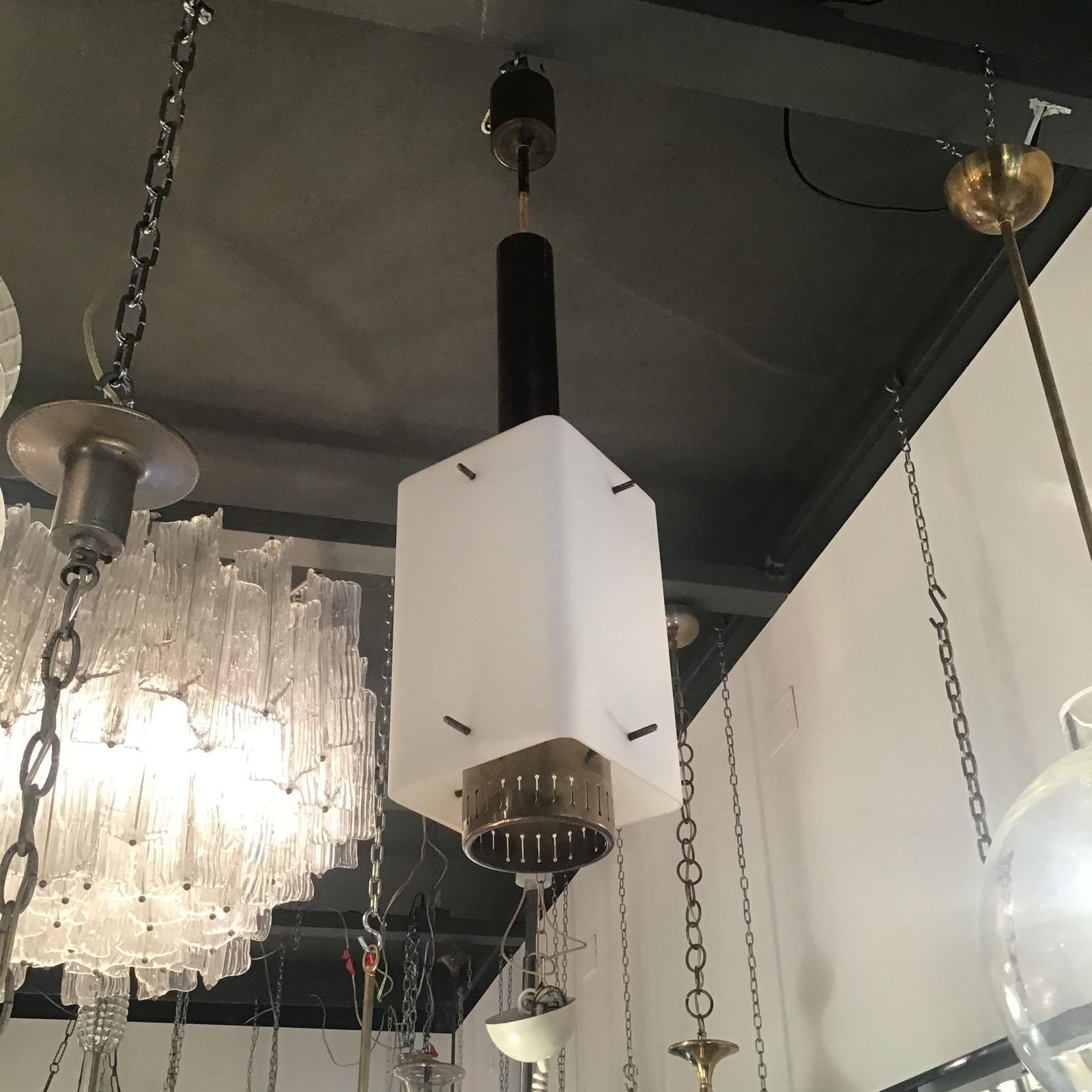 Stilnovo Chandelier Brass Opaline Glass 1950 Italy photo Lighting