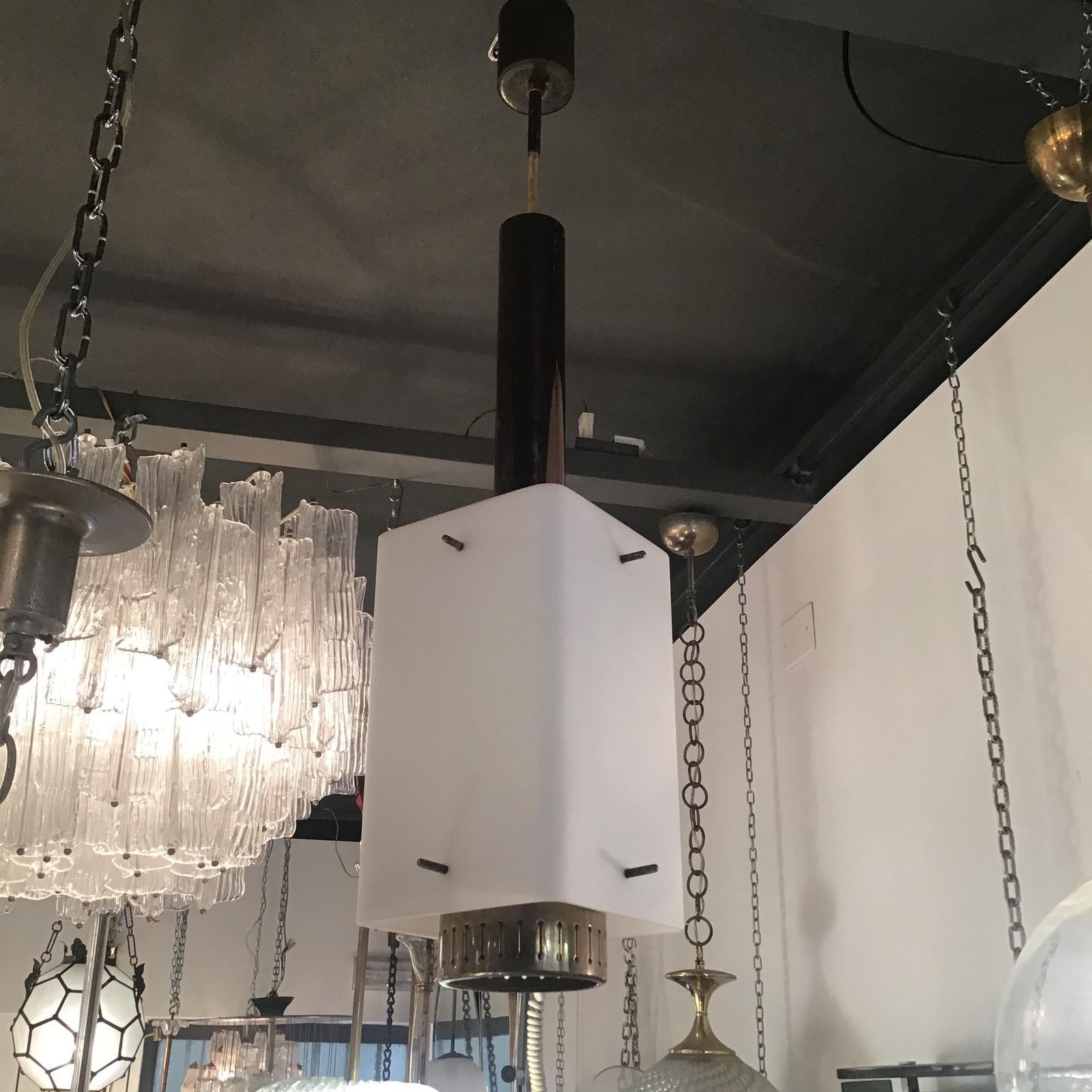 Stilnovo Chandelier Brass Opaline Glass 1950 Italy photo buy