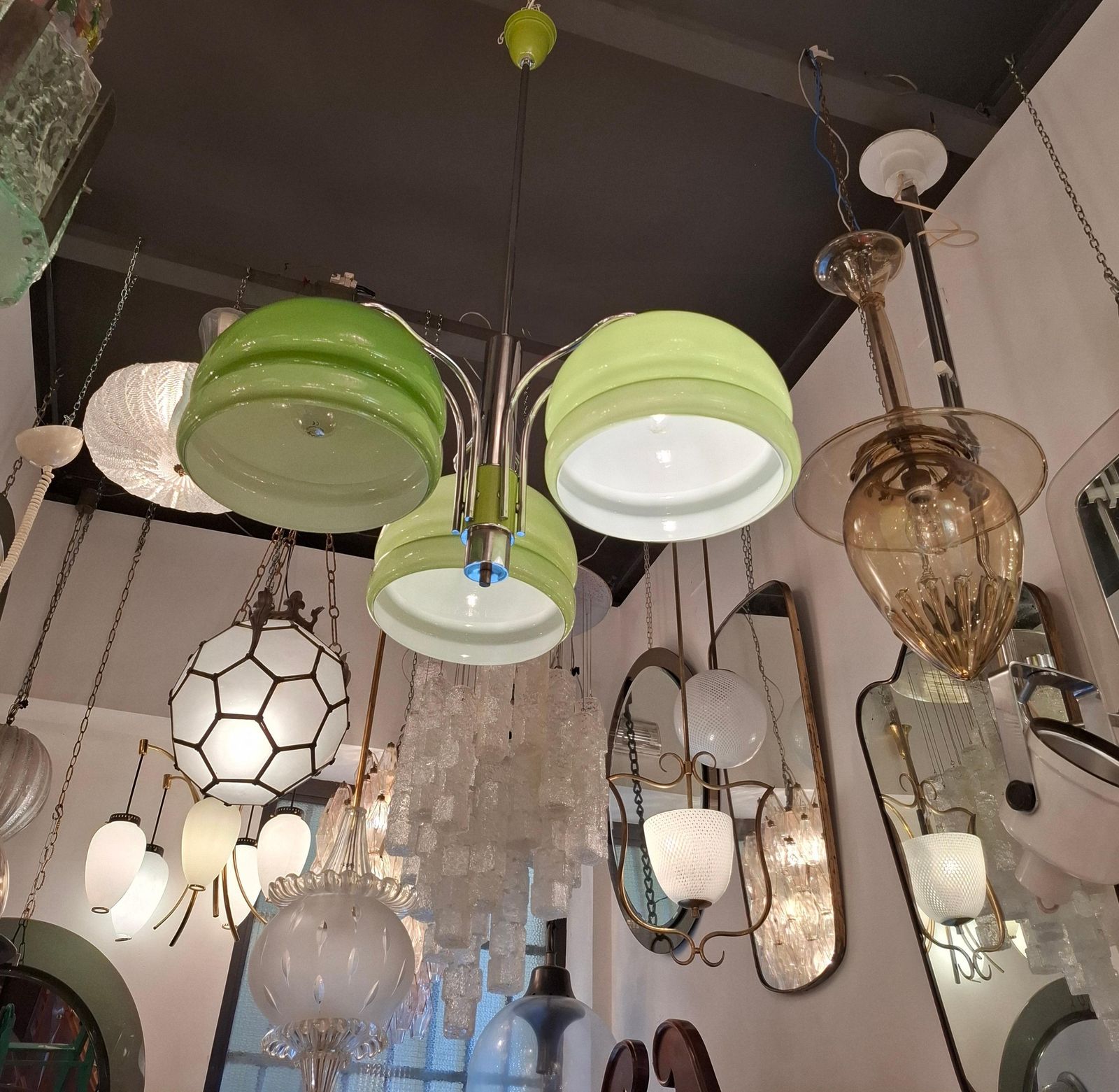 Stilnovo Chandelier N Tre Luci Vetro Incamiciato Metallo Cromato 1960 Italia photo furniture