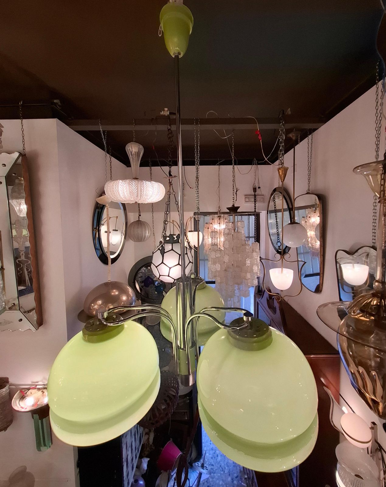 photo buy Stilnovo Chandelier N Tre Luci Vetro Incamiciato Metallo Cromato 1960 Italia