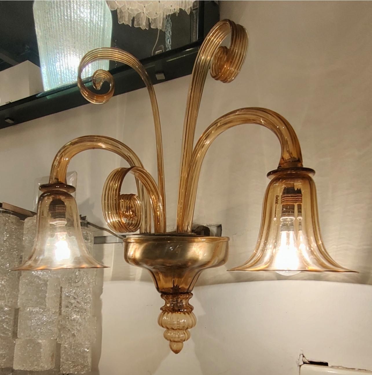 Venini   Coppia Di Apliques A 2 Luci In Vetro Di Murano   Italia 1930. photo buy